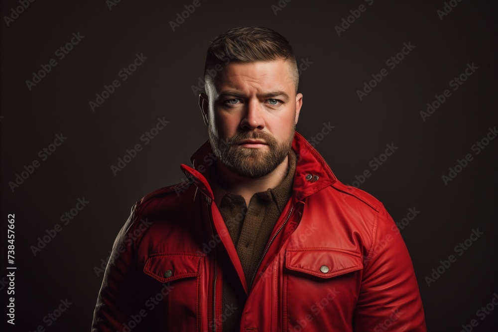 Handsome bearded man in a red jacket on a dark background. Handsome bearded man in a red jacket on a dark background.