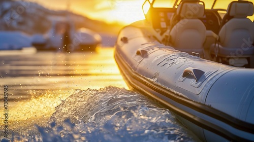 Inflatable Boat on Frozen River at Sunset. Generative ai photo
