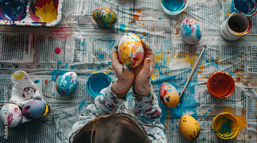 A top-down view of a kitchen table covered in newspaper, speckled with vibrant paint splatters, as a child enthusiastically creates Easter egg masterpieces