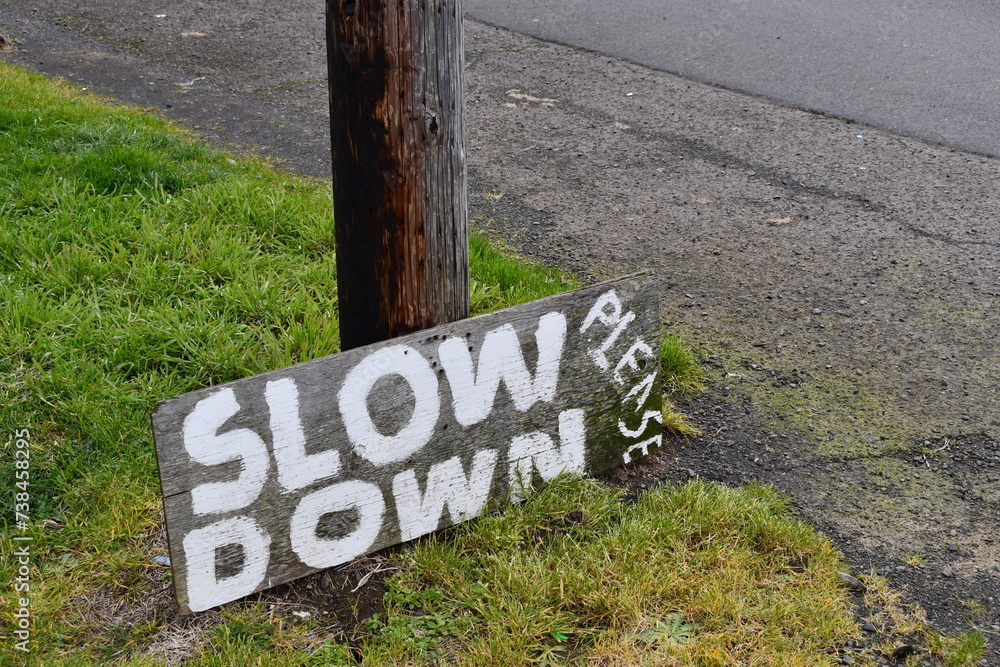 Hand written sign, PLEASE SLOW DOWN. Stock Photo | Adobe Stock