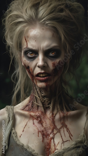 Scary zombie with bloody face closeup. evil  demon  skull and monster