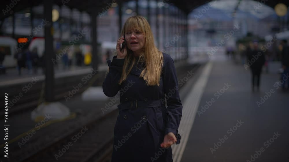 Blond Woman Talking Angry on Mobile Phone at Trainstation Arguing Blond Woman Talking Angry on Mobile Phone at Trainstation Arguing