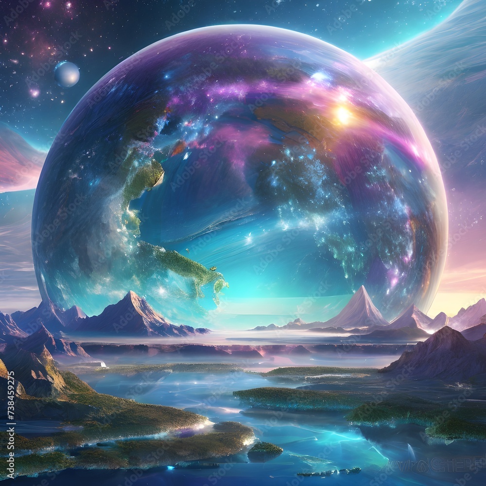 Highly detailed illustration of a hidden world inside planet earth made of crystal, continents on surface, atmosphere, galaxies in the background, holographic shimmer, whimsical lighting Generative AI