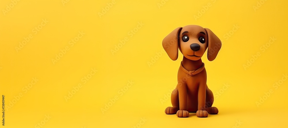 Cute brown dog isolated on yellow background. Funny cartoon character. Play dough. Clay plasticine style. Animal shelter or shop concept. Banner with copy space Cute brown dog isolated on yellow background. Funny cartoon character. Play dough. Clay plasticine style. Animal shelter or shop concept. Banner with copy space