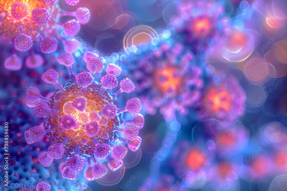 vibrant virus particles under a microscope, blending scientific accuracy vibrant virus particles under a microscope, blending scientific accuracy