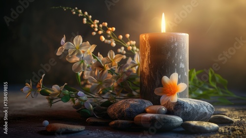 A candle spa and rocks flowers on a table