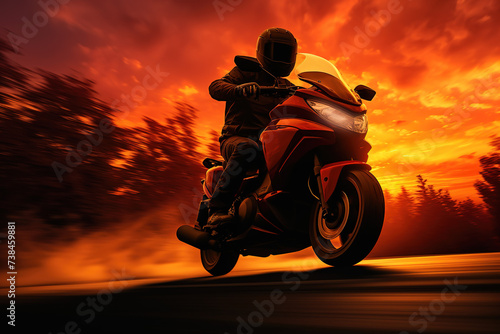 motorcycle on sunset, professional motorbike rider on road, riding with high speed around mountains on sunset. © Rayhanbp