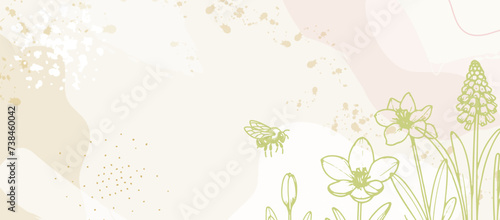 Rustic Wildflowers Background: Beige Spring Floral Pattern with Bee, Village Wedding Texture, Minimalist Field Decoration, Modern Summer Art