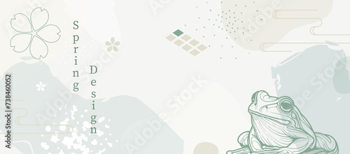 Oriental Spring Floral Background: Green and Blue Frog Pattern with Asian Elements, Modern Texture, Pastel Nature Illustration in a Wide Design