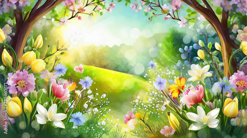 明るい春の花々のイラスト,アスペクト比16:9