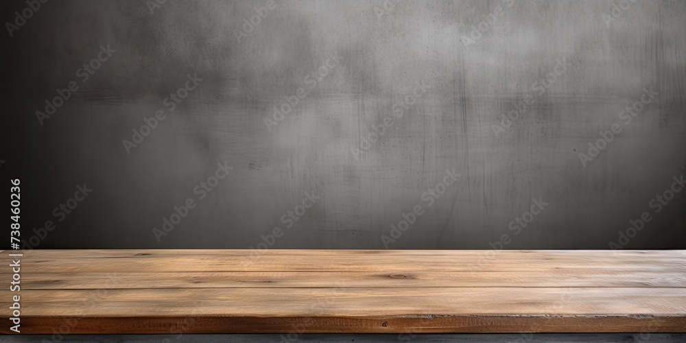 Wood-textured table top on a background of a gray concrete wall. Wood-textured table top on a background of a gray concrete wall.