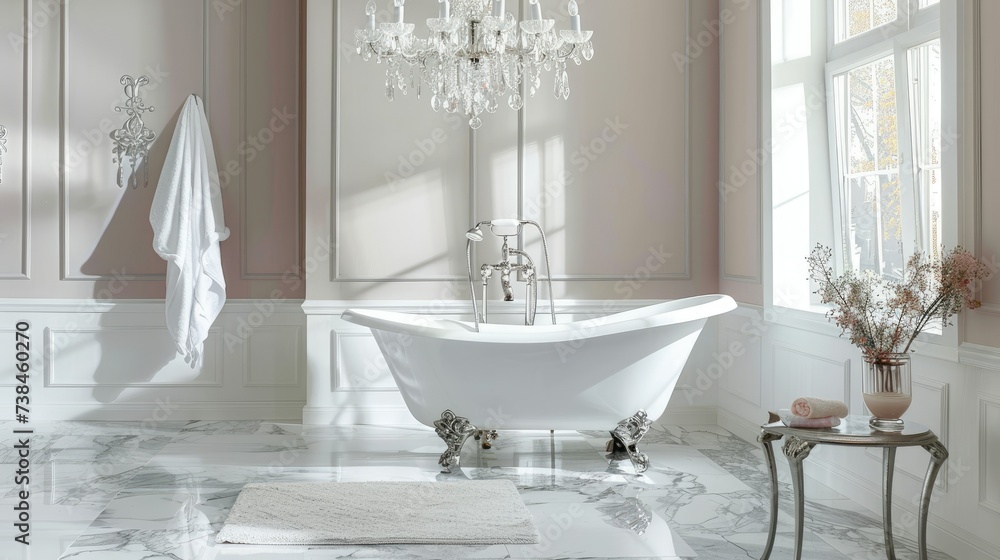 A chic bathroom with marble floors and a freestanding tub and illuminated by a crystal chandelier A chic bathroom with marble floors and a freestanding tub and illuminated by a crystal chandelier