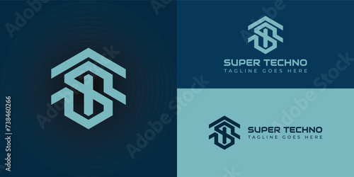 Abstract initial letter ST or TS logo in soft blue color presented with multiple deep blue background colors. The logo is suitable for home furnishing technology logo design inspiration template