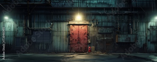 Nighttime entrance to frightening city warehouse loading area, Generative AI 