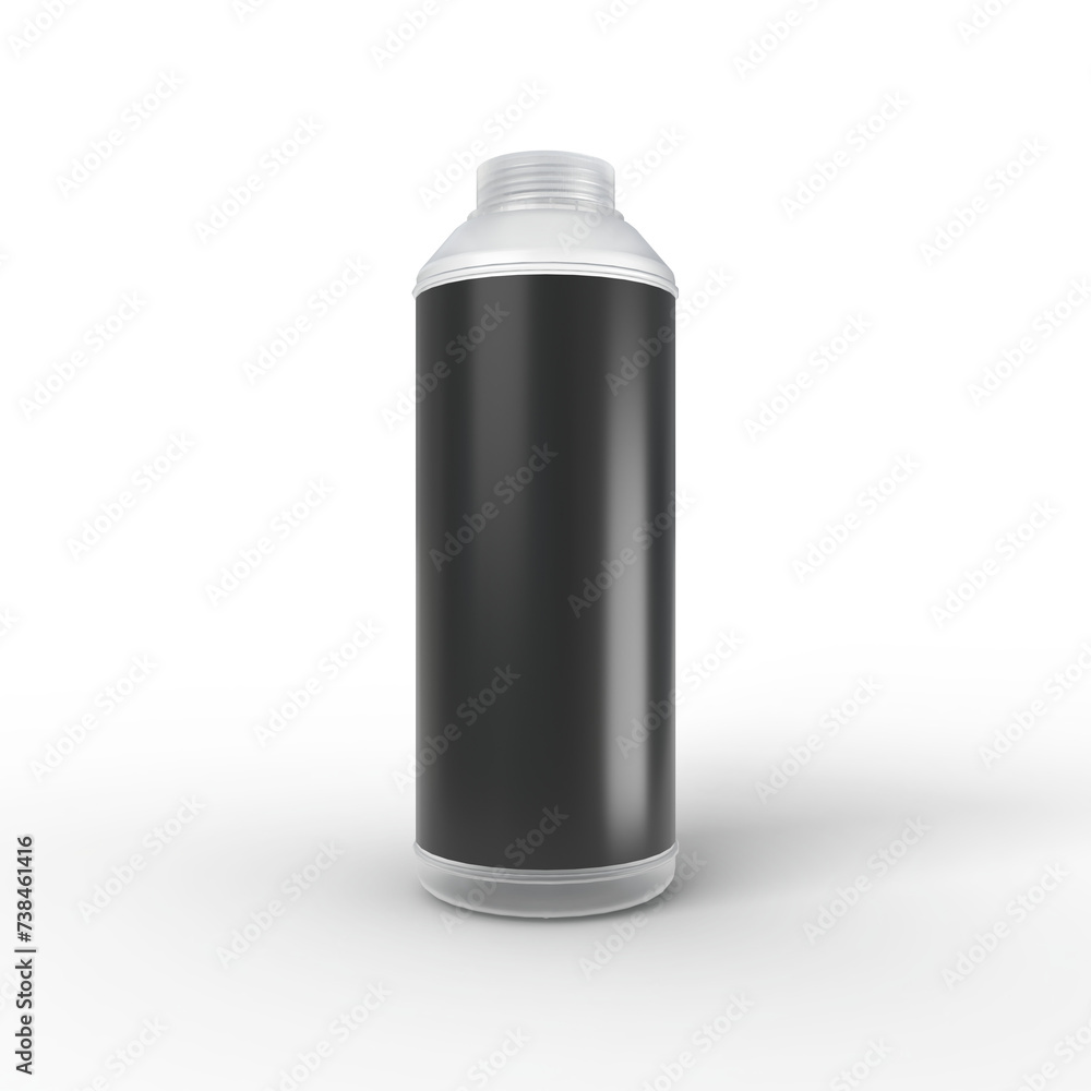 Transparent PET Bottle with a black black label copy space, 3D rendered for illustrations and psd mockup isolated on a white background.