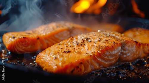 Red fish piece salmon tuna fried cooking on grill oil pan. Banner background design photo