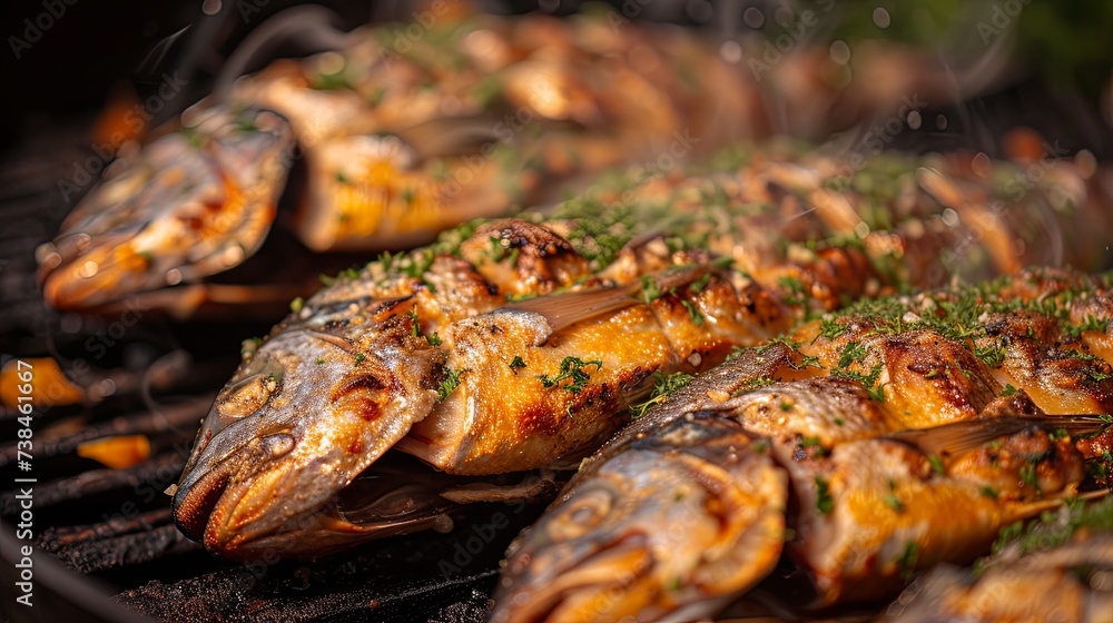 Whole fish fried cooking on grill oil pan. Banner background design Whole fish fried cooking on grill oil pan. Banner background design