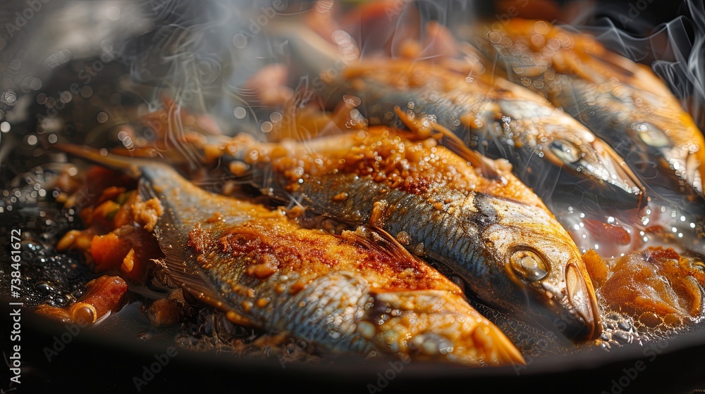 Whole fish fried cooking on grill oil pan. Banner background design Whole fish fried cooking on grill oil pan. Banner background design
