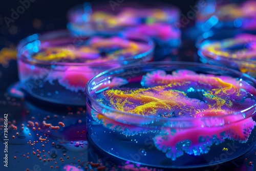 Close-up of vibrant bacteria colonies in a petri dish, resembling an abstract painting, high detail