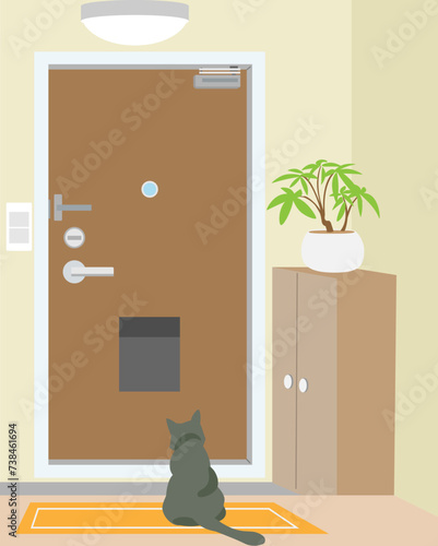 ドアの前で主人の帰りを待つ黒猫のイラスト