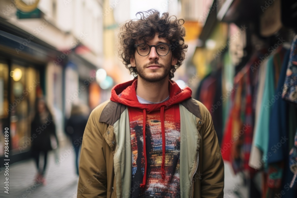 Portrait of a handsome young man with curly hair and glasses in the city