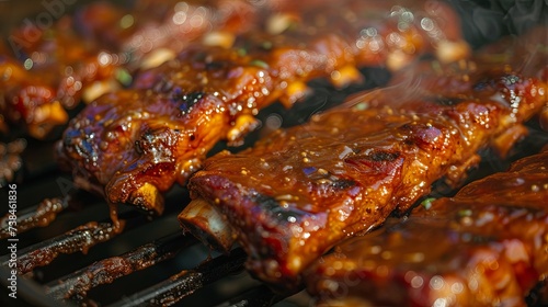 Meat ribs bbq grill steak cooking fried on oil fire. Banner background design