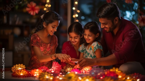 Indian young family making flower rangoli or arranging diyas for diwali festival night at porch with gifts and bokeh in the background