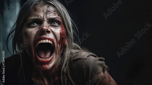 Scary zombie with bloody face closeup. evil, demon, skull and monster © Dwi