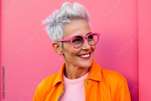 Portrait of a happy senior woman wearing glasses over pink background.