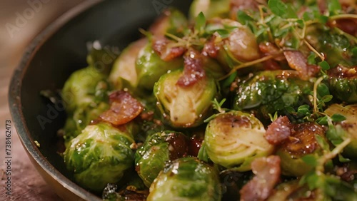 Get ready for a mouthwatering treat with these firekissed Brussels sprouts drizzled with a maple syrup glaze and crispy bits of bacon. The aromas of wood and smoke fill the photo