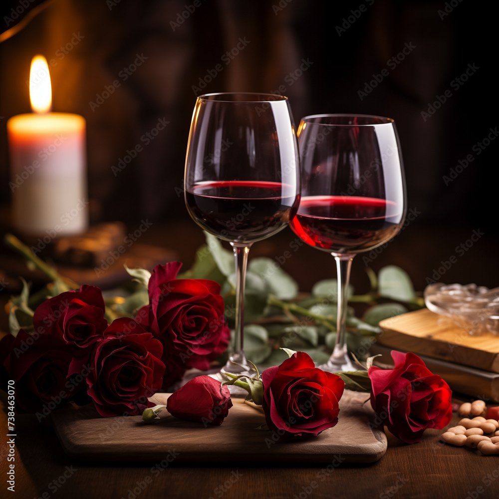 Two wineglasses and red roses set the scene for a romantic celebration Two wineglasses and red roses set the scene for a romantic celebration