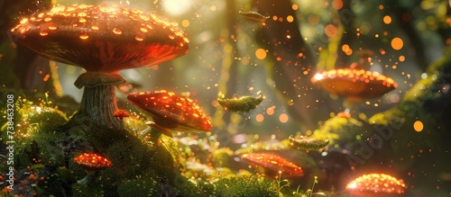 Fantasy forest with flying magic mushrooms, glowing moss, and artwork.