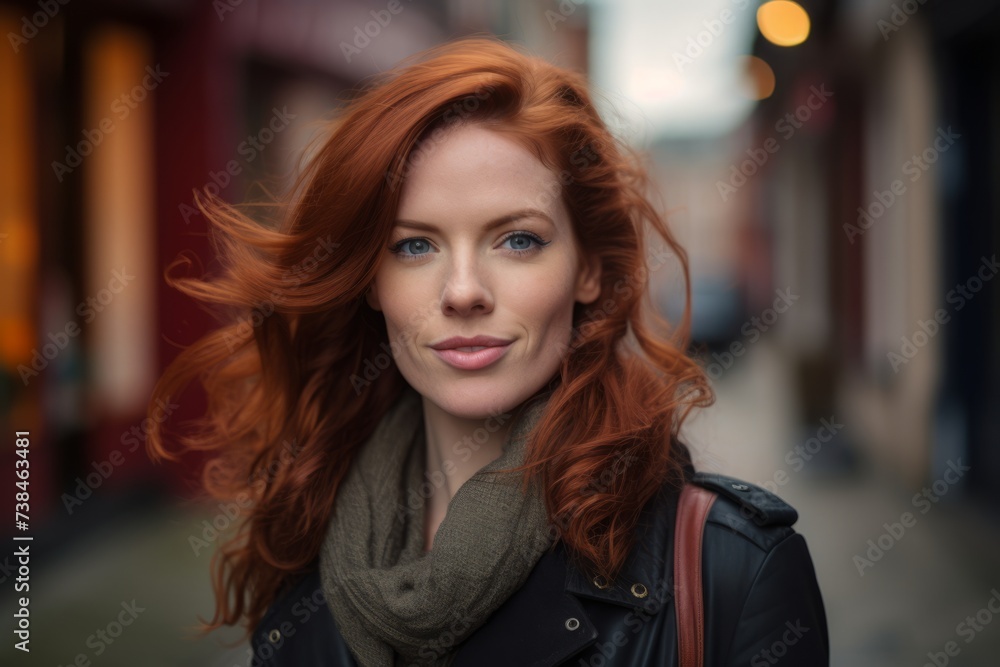 Portrait of a beautiful redhead woman in a city street. Portrait of a beautiful redhead woman in a city street.