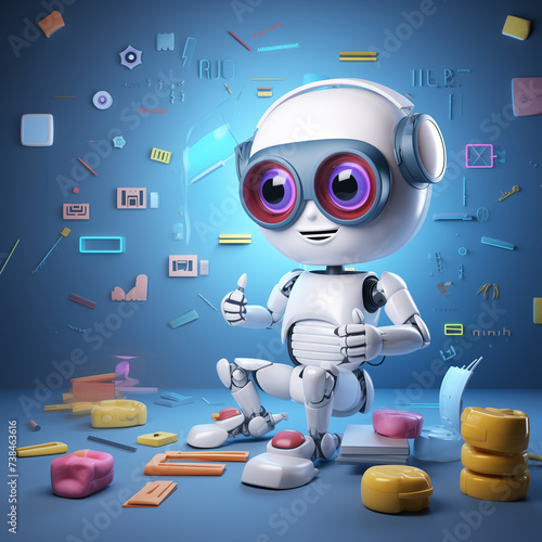 Wallpaper Mural Blue Robot Jamming in Space with Headphones, Microphone, and Guitar - 3D Cartoon Character Illustration Torontodigital.ca