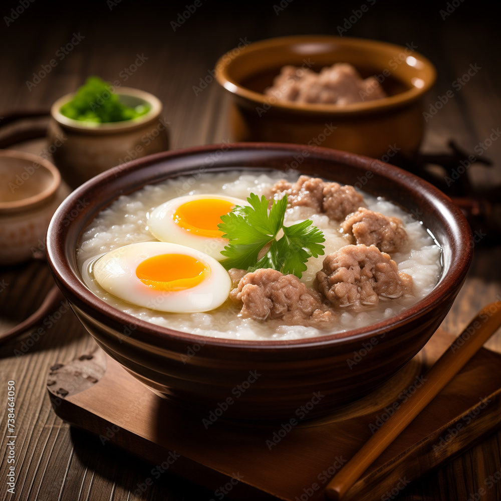 Minced pork porridge Delicious hot soup with meatballs, vegetables and rice in a white bowl. Makes for a healthy and delicious meal.