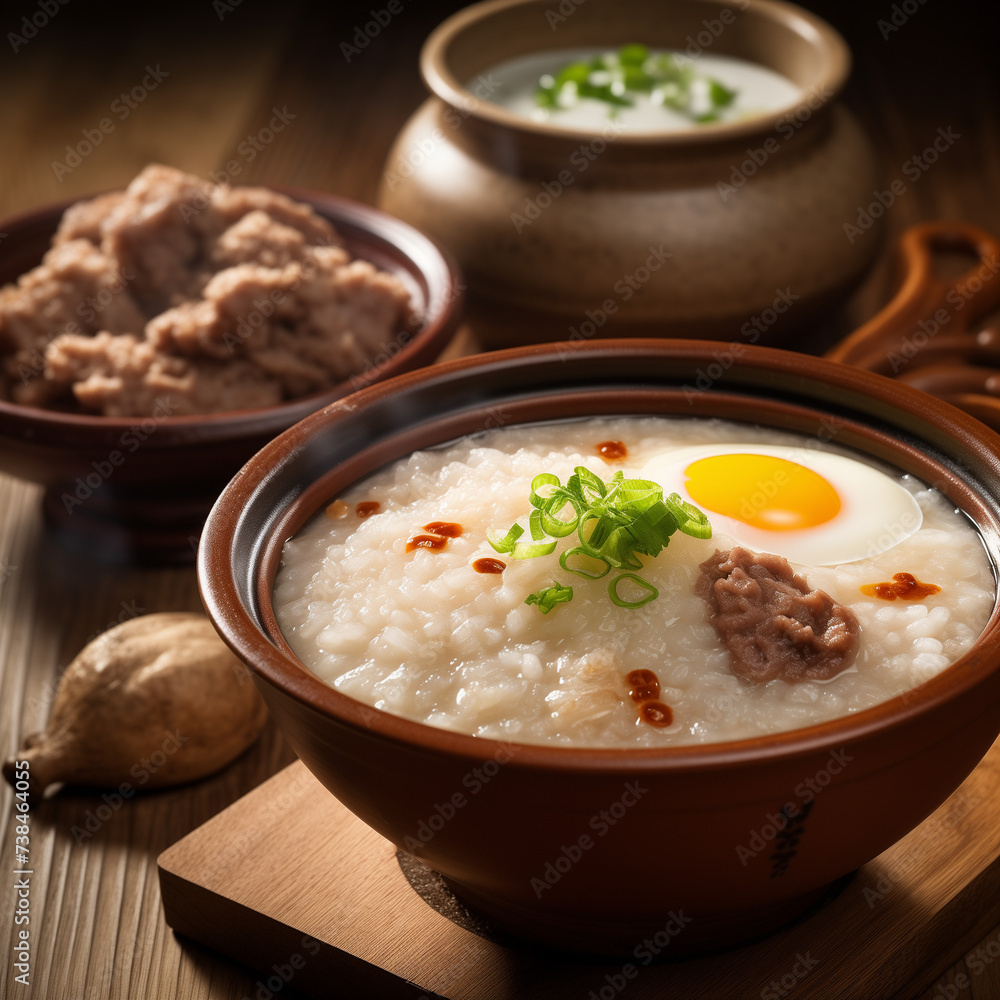 Minced pork porridge Delicious hot soup with meatballs, vegetables and rice in a white bowl. Makes for a healthy and delicious meal. Minced pork porridge Delicious hot soup with meatballs, vegetables and rice in a white bowl. Makes for a healthy and delicious meal.