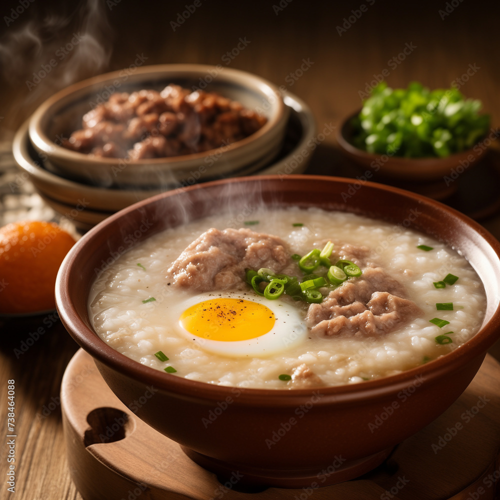 Minced pork porridge Delicious hot soup with meatballs, vegetables and rice in a white bowl. Makes for a healthy and delicious meal. Minced pork porridge Delicious hot soup with meatballs, vegetables and rice in a white bowl. Makes for a healthy and delicious meal.