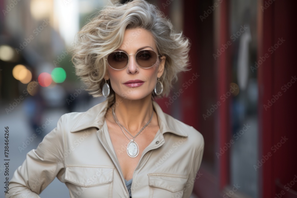 Portrait of a beautiful blonde woman in a beige jacket and sunglasses.