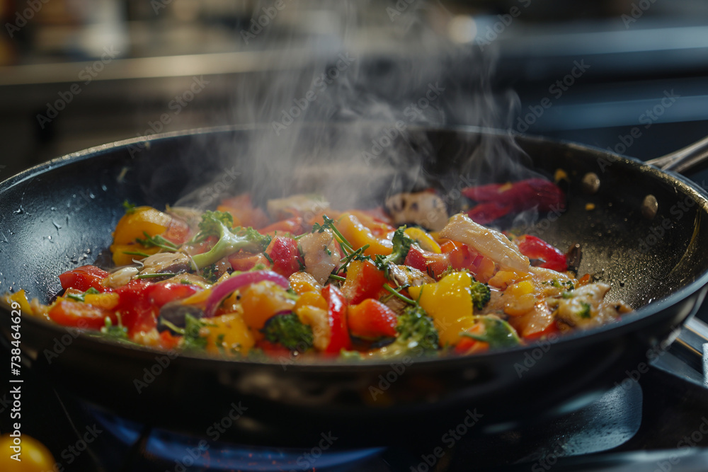 Deliciously Cooked Frying Pan Meal: A hot and tasty blend of pan-fried chicken, beef, and vegetables, creating a healthy and flavorful dinner dish Deliciously Cooked Frying Pan Meal: A hot and tasty blend of pan-fried chicken, beef, and vegetables, creating a healthy and flavorful dinner dish