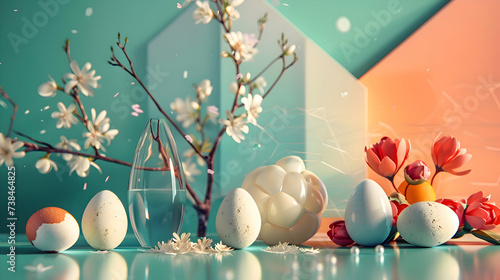 An artistic composition featuring spring eggs arranged in a captivating geometric design, captured with stunning clarity and detail