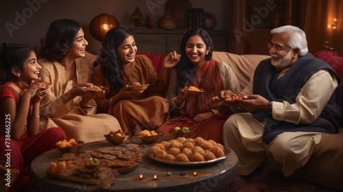 Multigenerational indian family eating sweets while celebrating festival or occasion dressed in traditional wear, sitting on sofa or couch 
