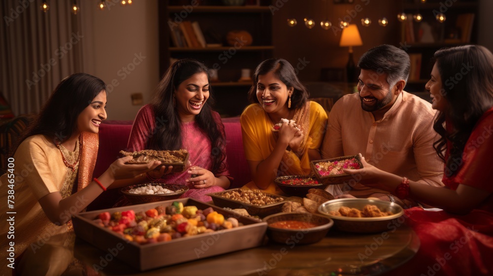 Multigenerational indian family eating sweets while celebrating festival or occasion dressed in traditional wear, sitting on sofa or couch
 - obrazy, fototapety, plakaty 