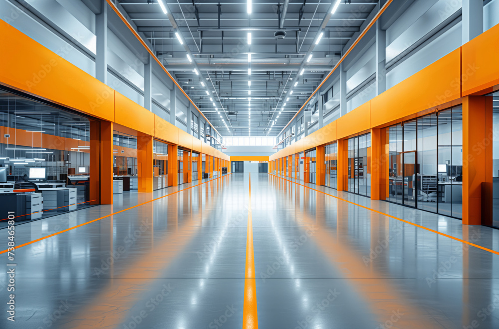 Modern Corporate Elegance: Sleek Office Corridor with Orange Accents