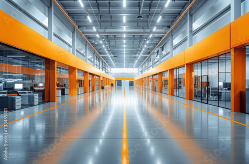 Modern Corporate Elegance  Sleek Office Corridor with Orange Accents