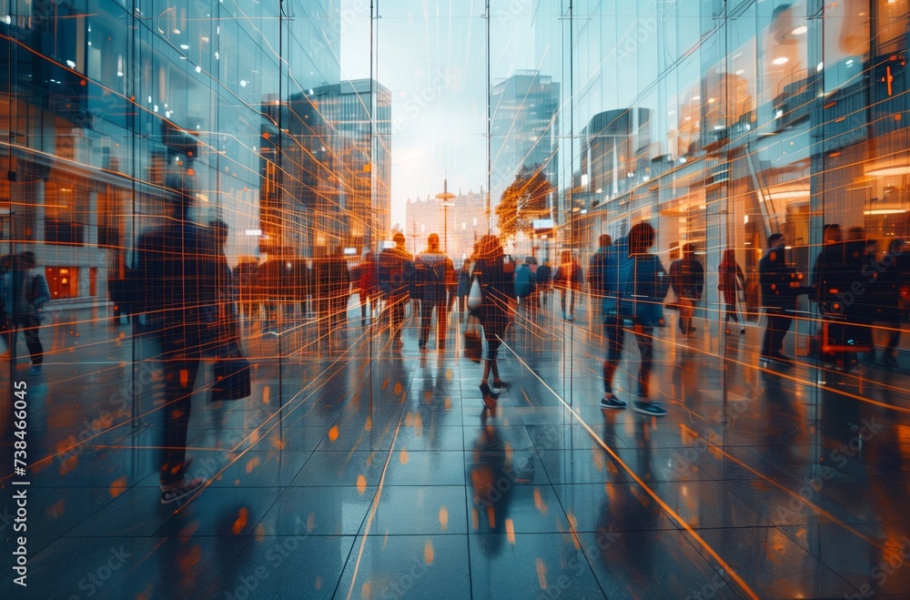 Vibrant Urban Street Commute: Rush Hour Reflections in Glass Corridor