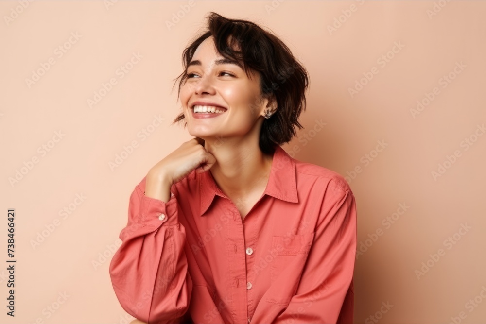 Smiling young woman in a pink shirt on a beige background Smiling young woman in a pink shirt on a beige background