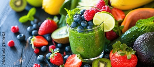 Green diet, detox, and healthy breakfast with fruits and vegetables made in a blender by a nutritionist for a young person focused on vegan protein.