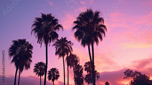 A group of palm trees with the purple sky in the background