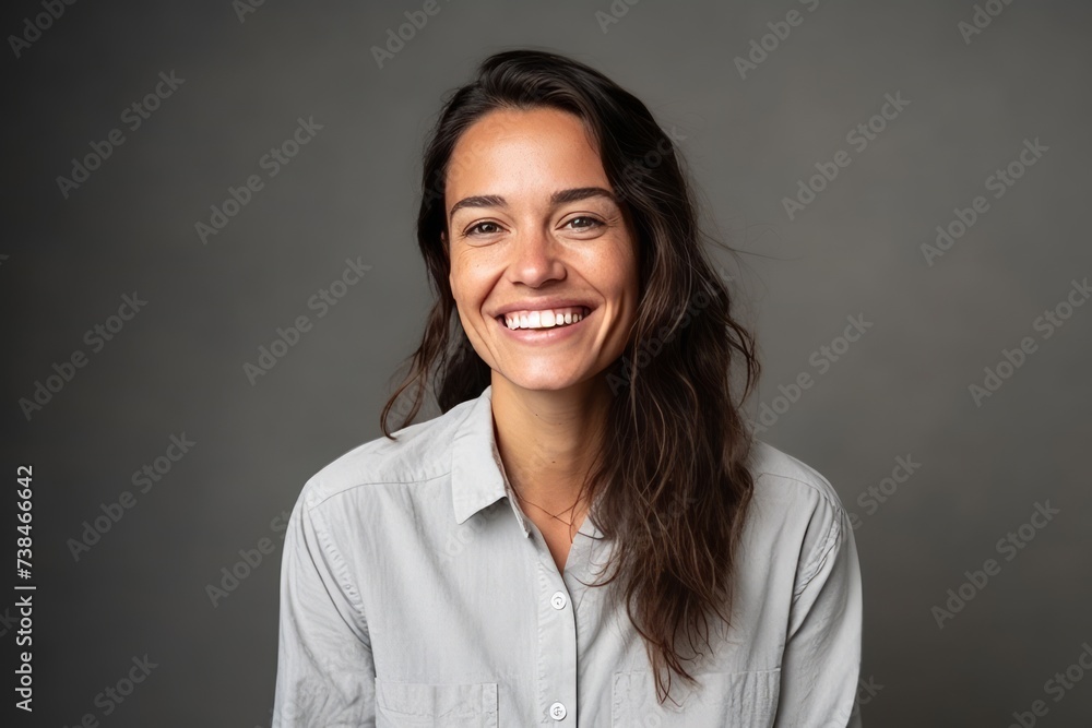 Portrait of a happy young woman smiling at the camera over grey background Portrait of a happy young woman smiling at the camera over grey background