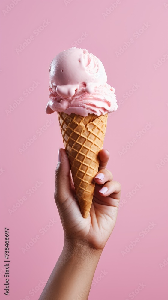 A hand holding an ice cream cone on a pink background A hand holding an ice cream cone on a pink background